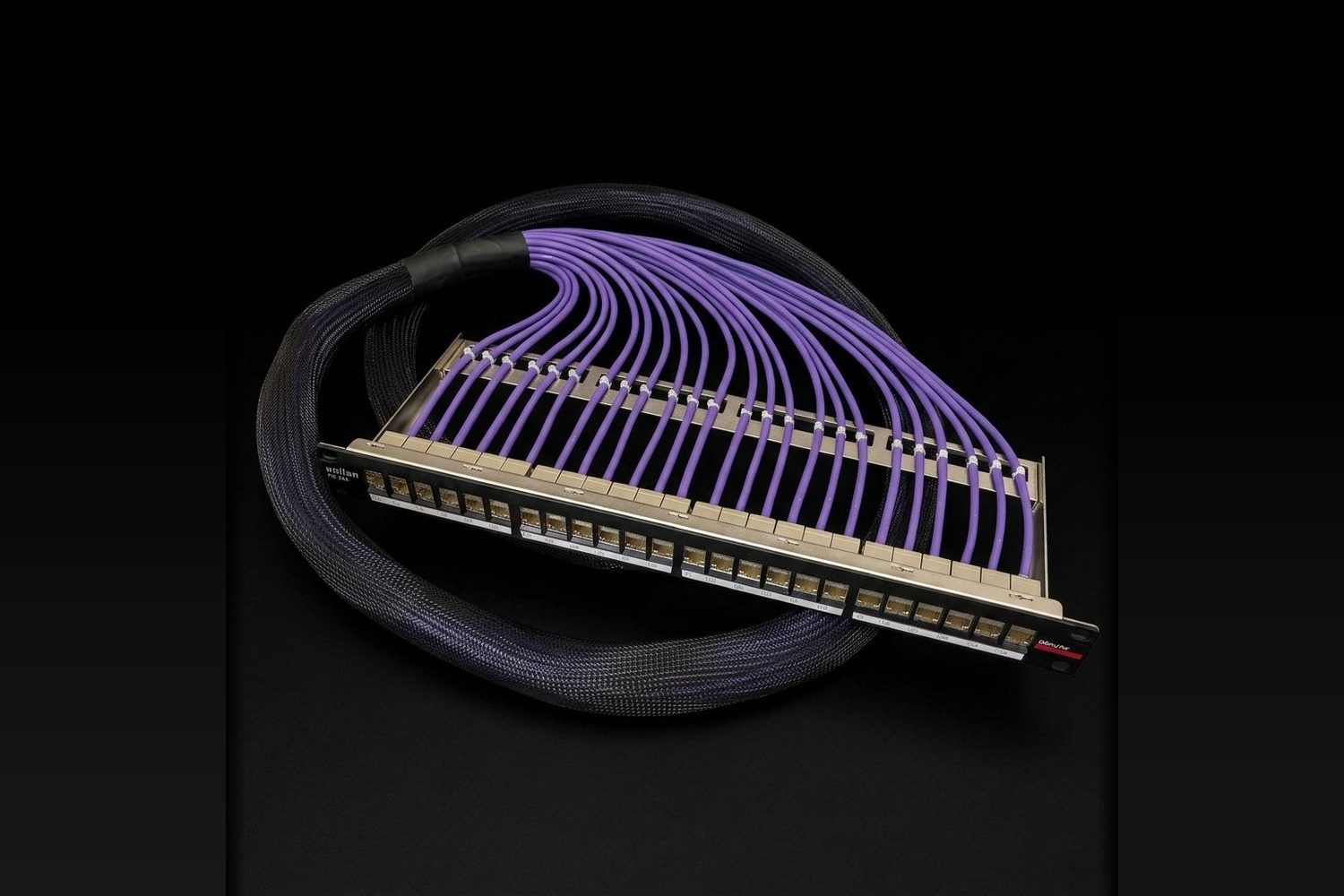 Purple network cable loom terminated into a rack patch panel