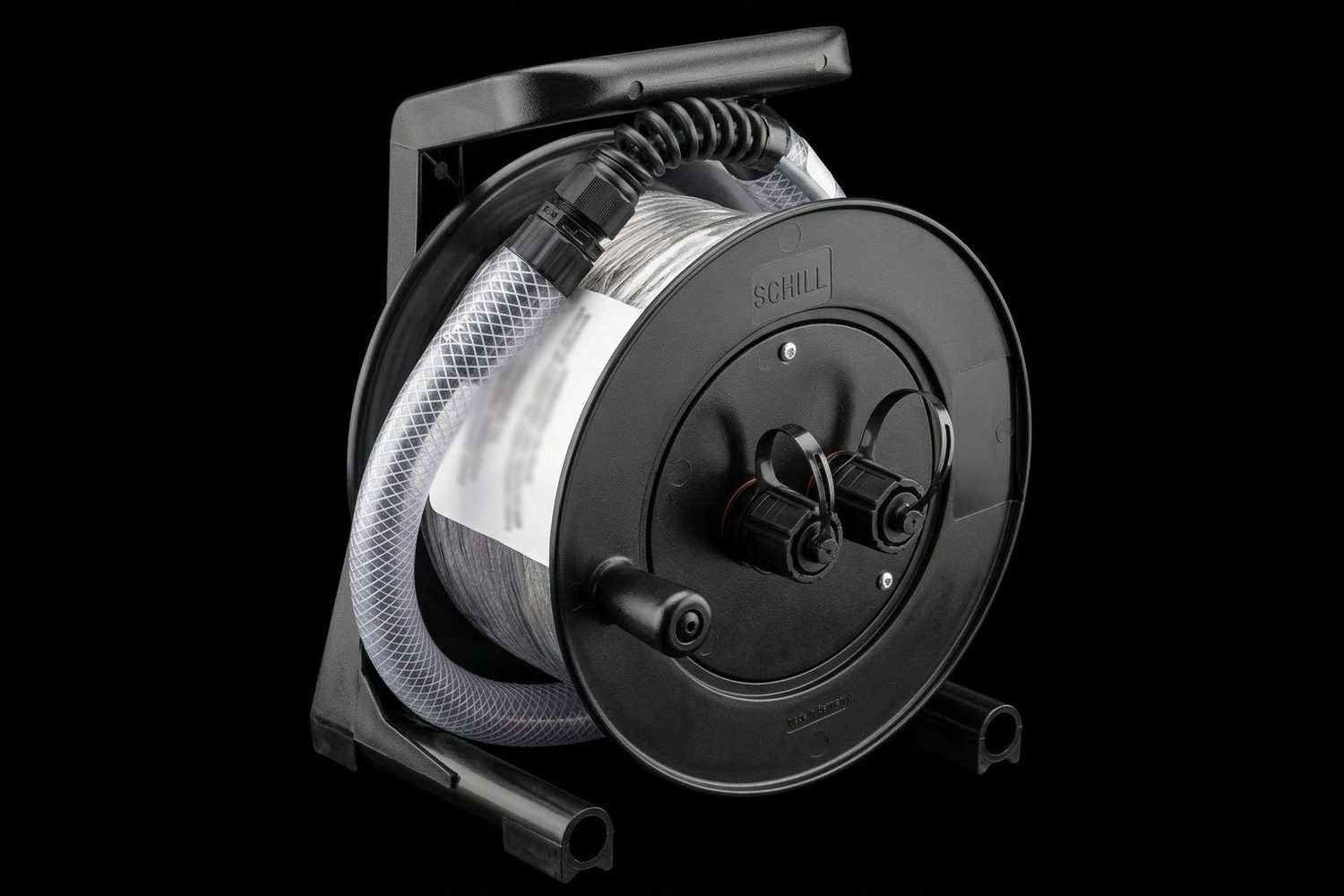 Deployable fibre assembly on a black cable reel with clear drum