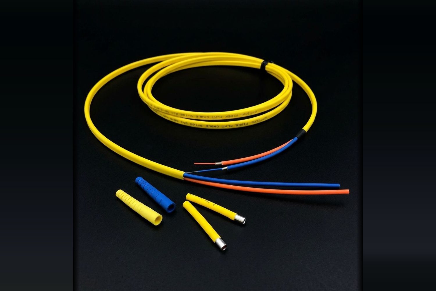 Coiled yellow fibre patch cable with blue and red breakout legs