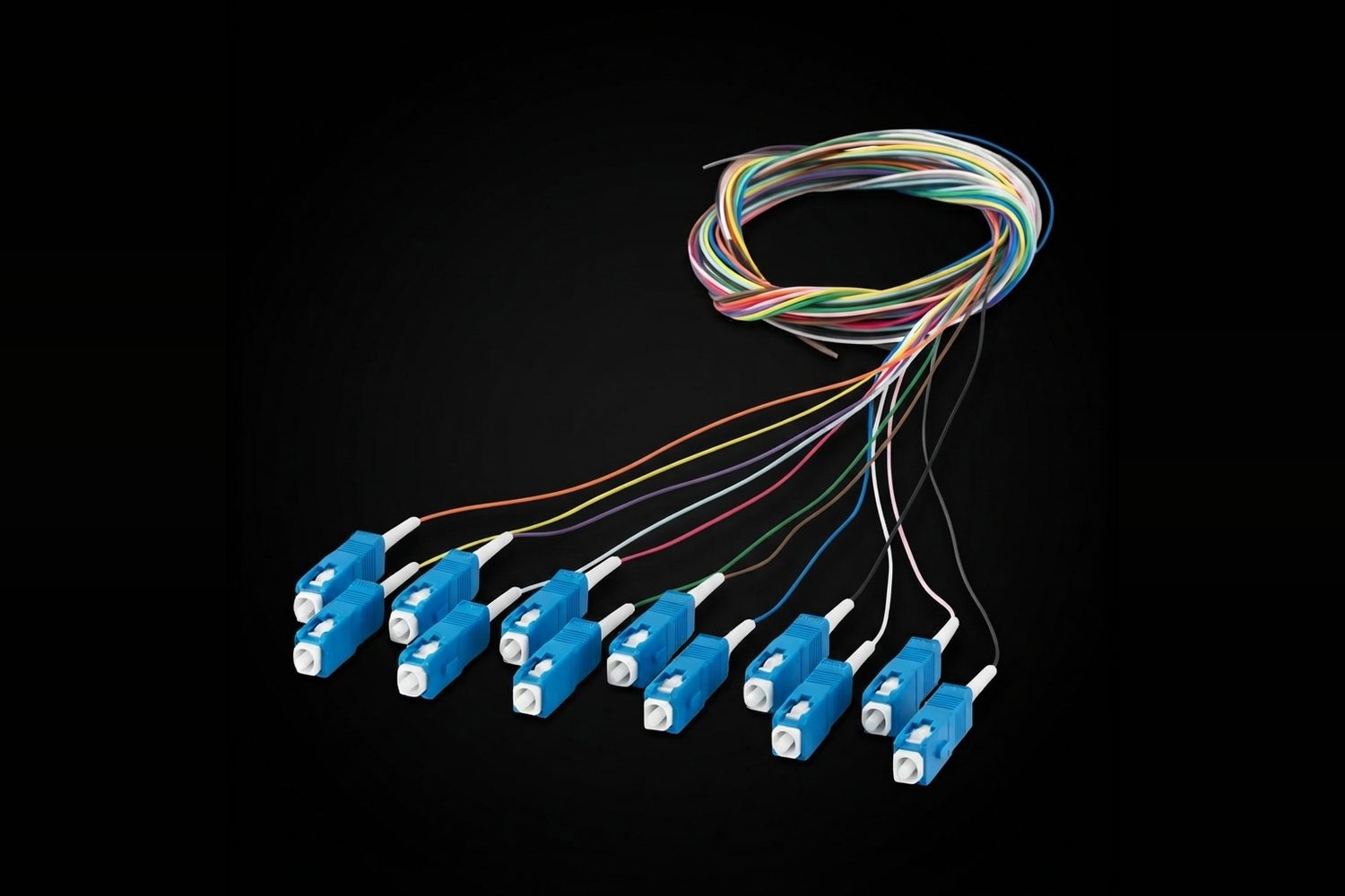 Fibre pigtails with blue SC connectors and colour-coded buffered fibres