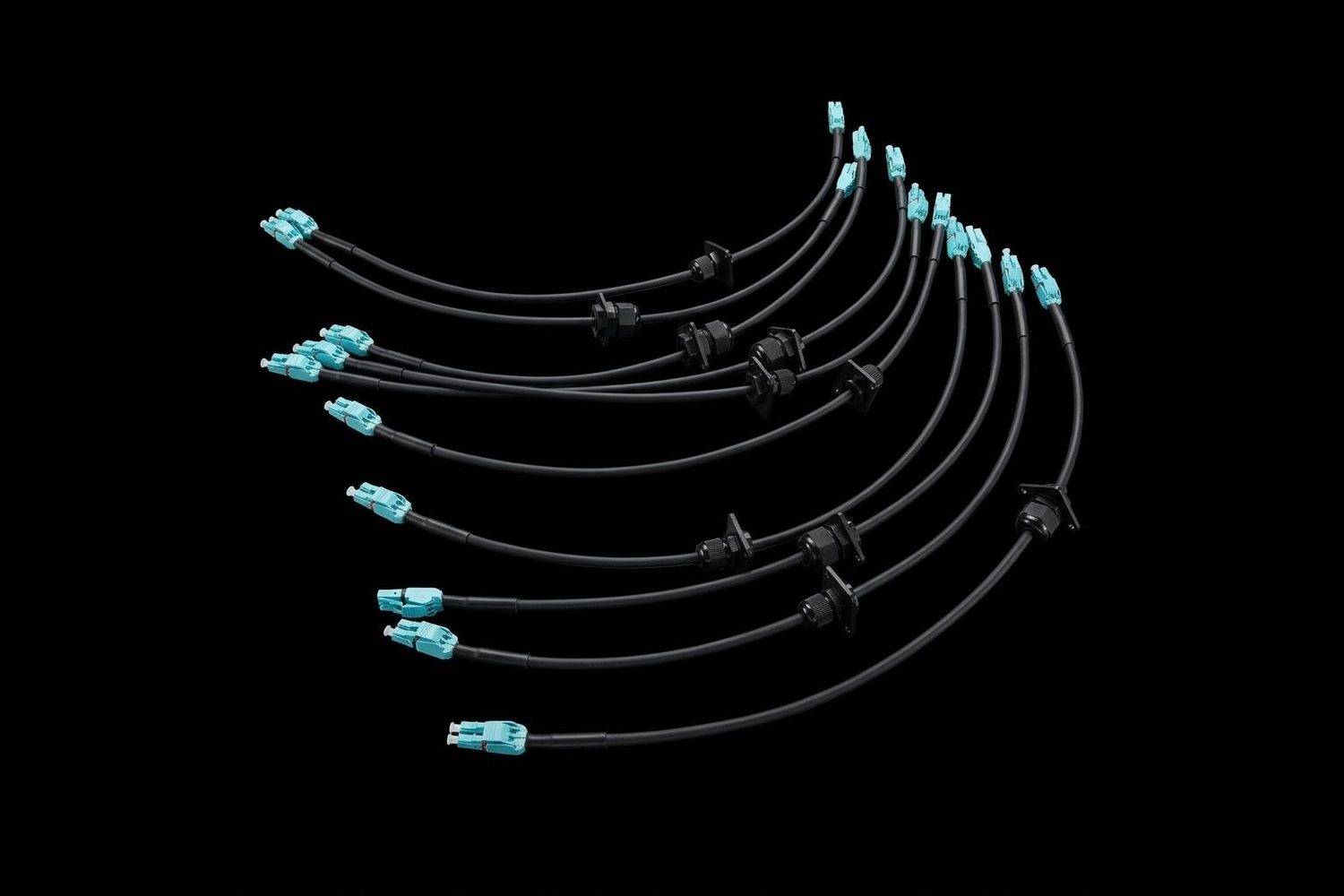 Black tactical fibre patch leads with aqua LC connectors