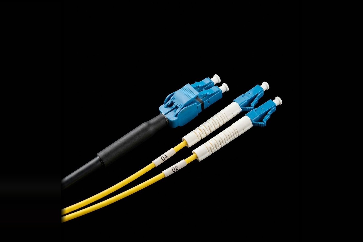 Yellow fibre patch lead with blue LC duplex connectors