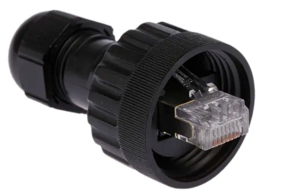 Rugged black IP-rated RJ45 connector with a screw-lock coupling ring